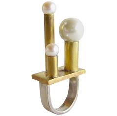 Heidi Abrahamson Pearl Brass Sterling Silver Architectural Cocktail Ring 4