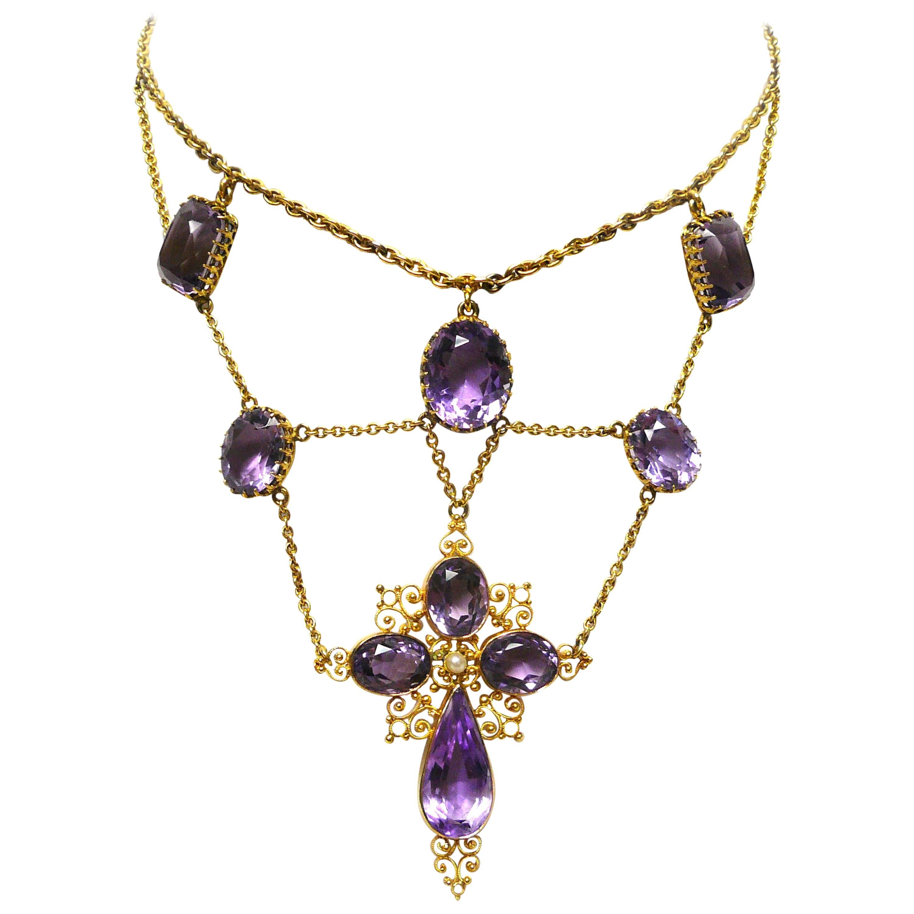 1880s Victorian Amethyst Gold Cross Swag Necklace For Sale