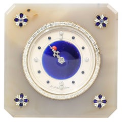 Antique Lacloche Art Deco Diamond Sapphire Agate Coral Silver and Enamel Desk Clock