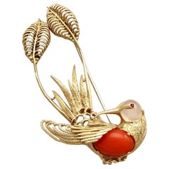 Retro Italian Ruby Moonstone Coral and Yellow Gold Hummingbird Brooch