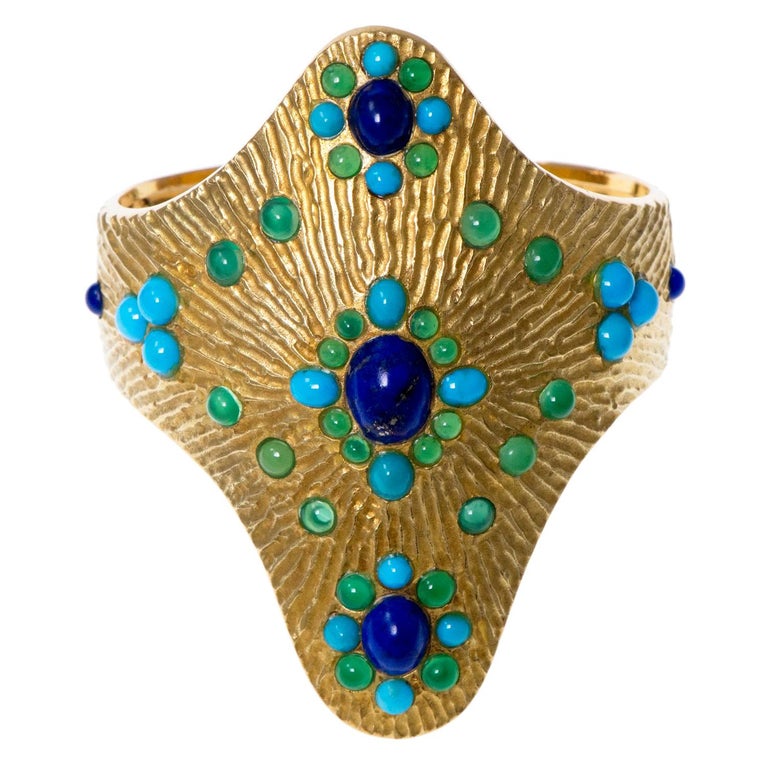Boucheron 1970s Lapis Lazuli Turquoise Chrysoprase Yellow Gold Cuff Bracelet