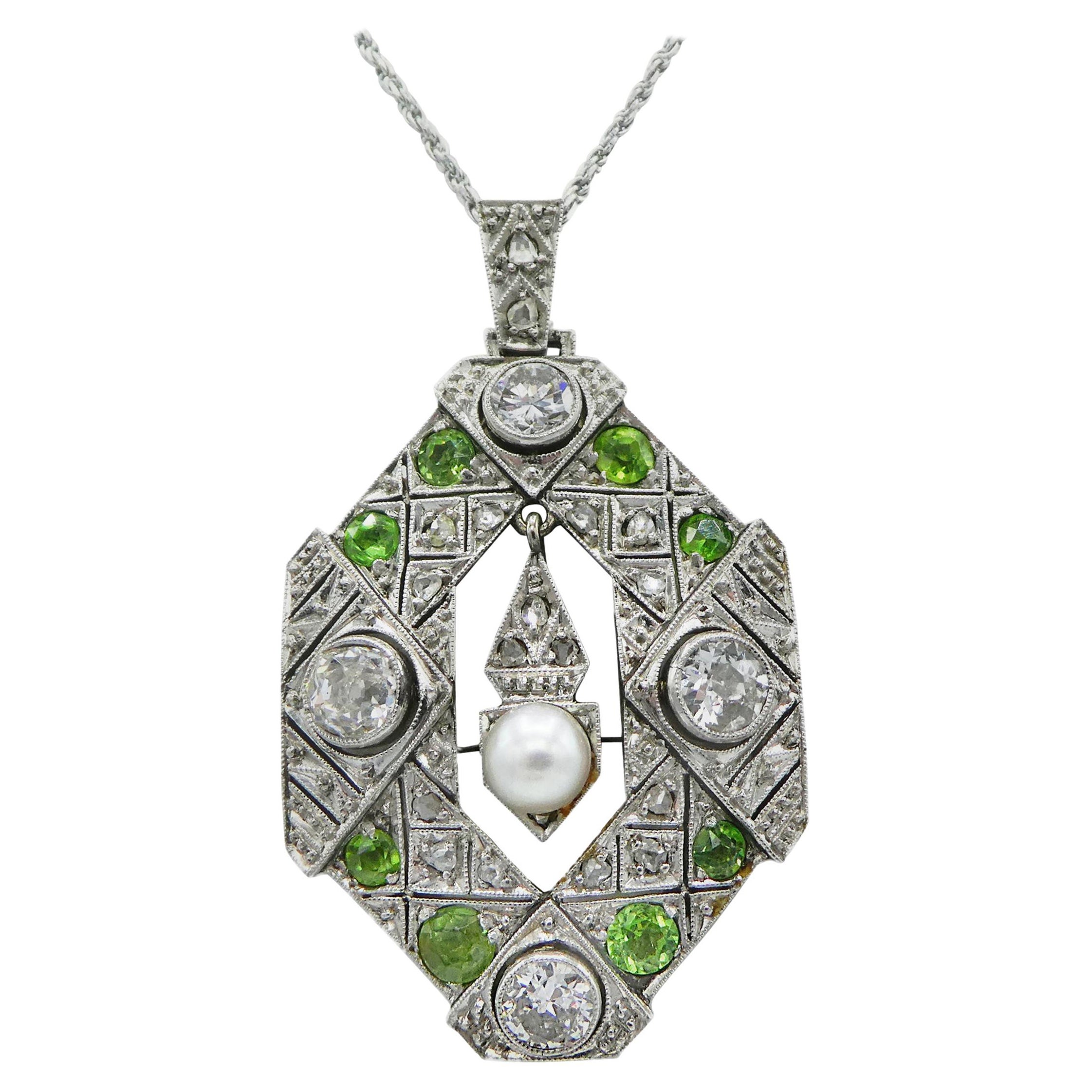 Art Deco Old European and Mine Cut Diamond Peridot Pearl Pendant Necklace