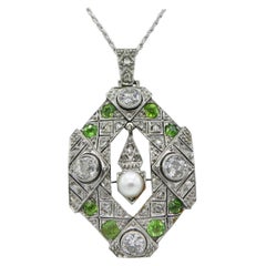 Art Deco Old European and Mine Cut Diamond Peridot Pearl Pendant Necklace
