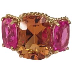 Citrine pink topaz gold Three Stone Ring with Rope Twist Border 11