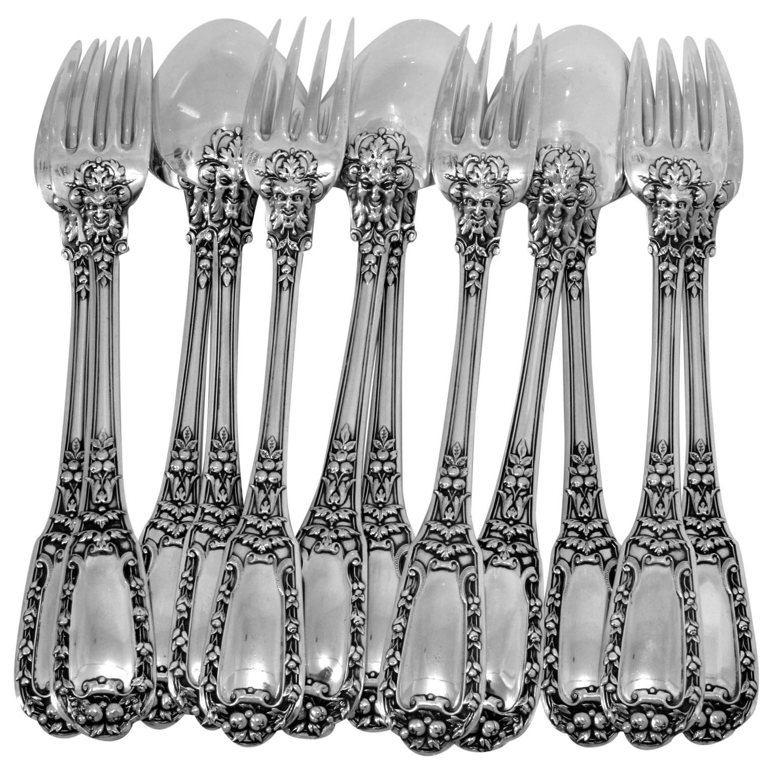 Soufflot Gorgeous French Sterling Silver Dinner Flatware Set 12 pc Mascarons For Sale