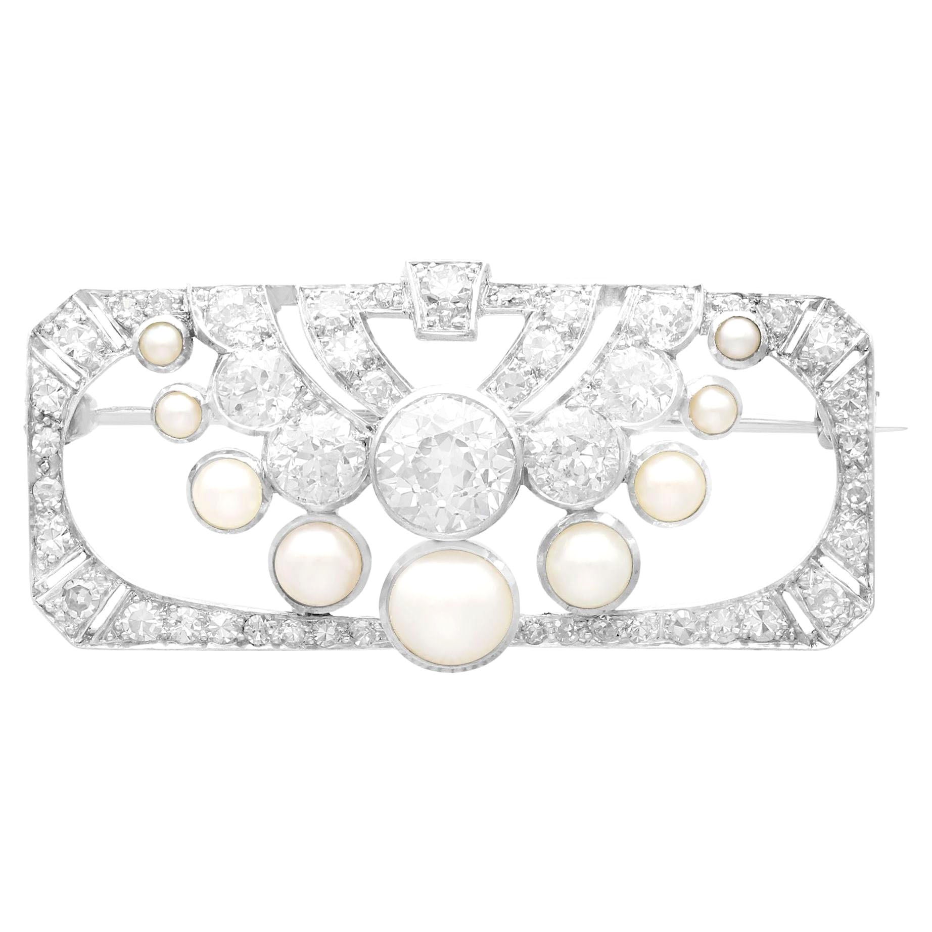 Antique Art Deco 3.51 Carat Diamond and Pearl Platinum Brooch For Sale