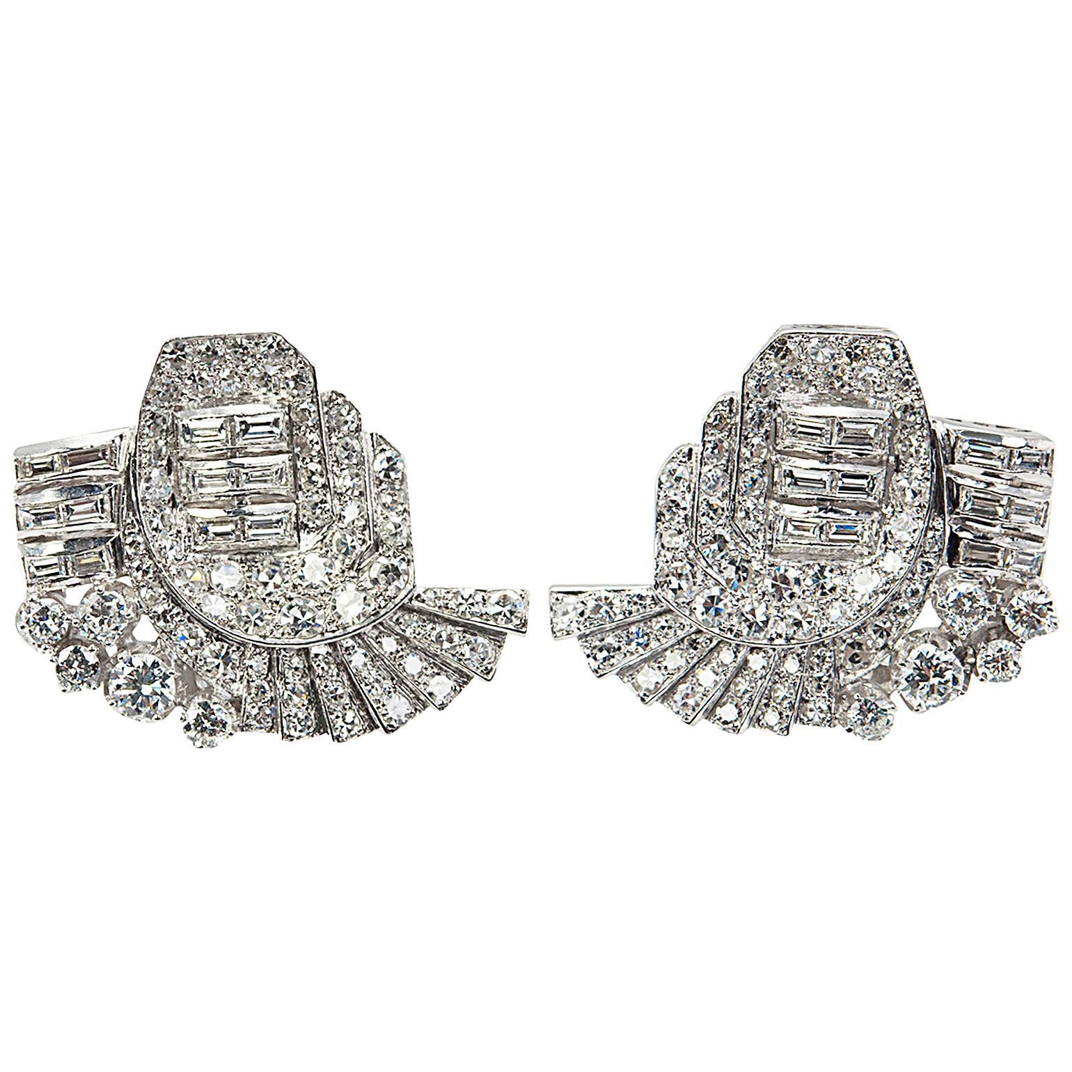 1940s Diamond Platinum Fan Drop Earrings