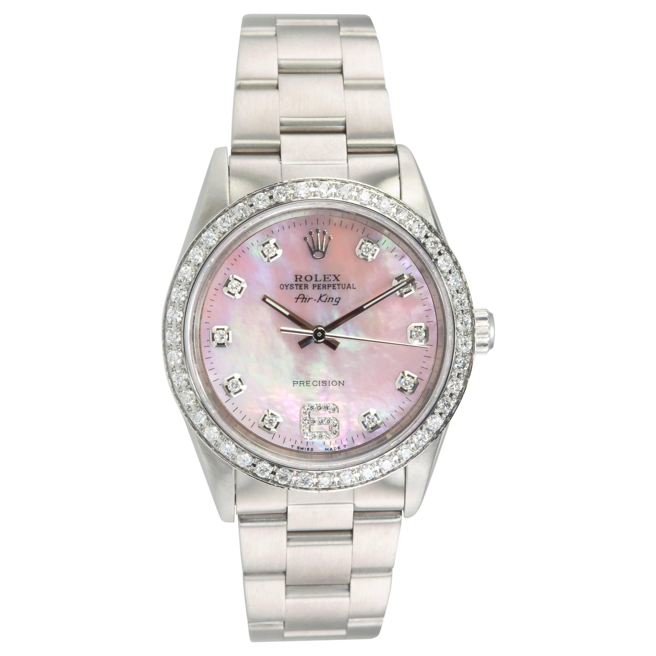 Rolex Stainless Steel AIr-King Custom Mother Of Pearl Diamond Dial Wristwatch
