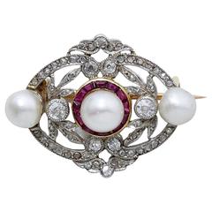 Belle Époque Pearl Diamond Ruby Platinum Brooch 6