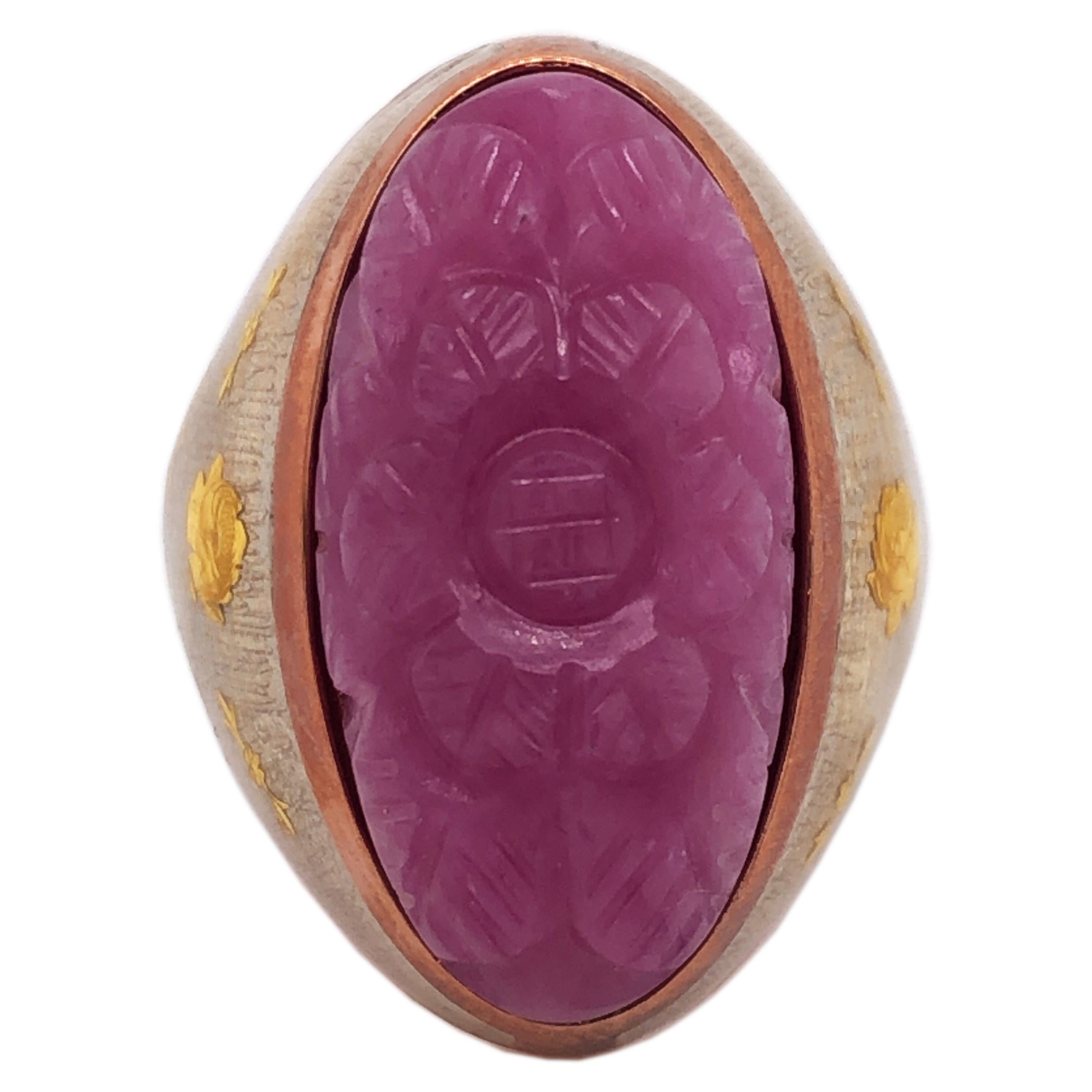Berca 27.95Kt Carved Pink Sapphire Gold Enameled Sterling Silver Cocktail Ring For Sale