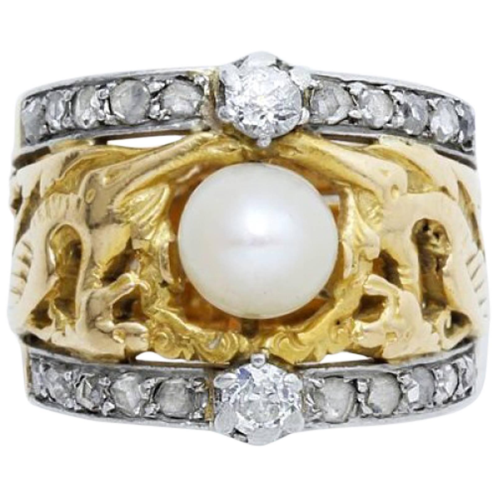 Art Nouveau Pearl Diamond Gold Platinum Ring