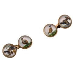Antique Pair of Rock Crystal Gold Hunting Motifs Cufflinks 12