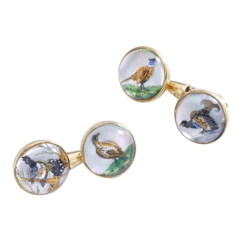 Antique Pair of Rock Crystal Gold Hunting Motifs Cufflinks