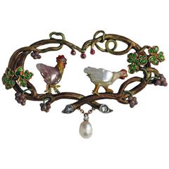 Wilhelm Lucas Von Cranach Cockerel and Hen Pearl Enamel Garnet Ruby Gold Brooch 5
