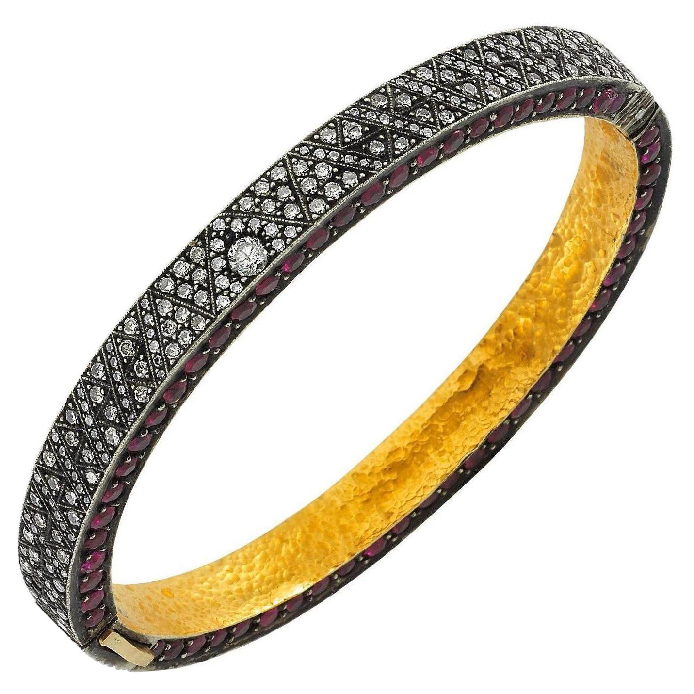 Silver and 24k Gold Inside Hammered Bangle with Ruby and Diamond For Sale