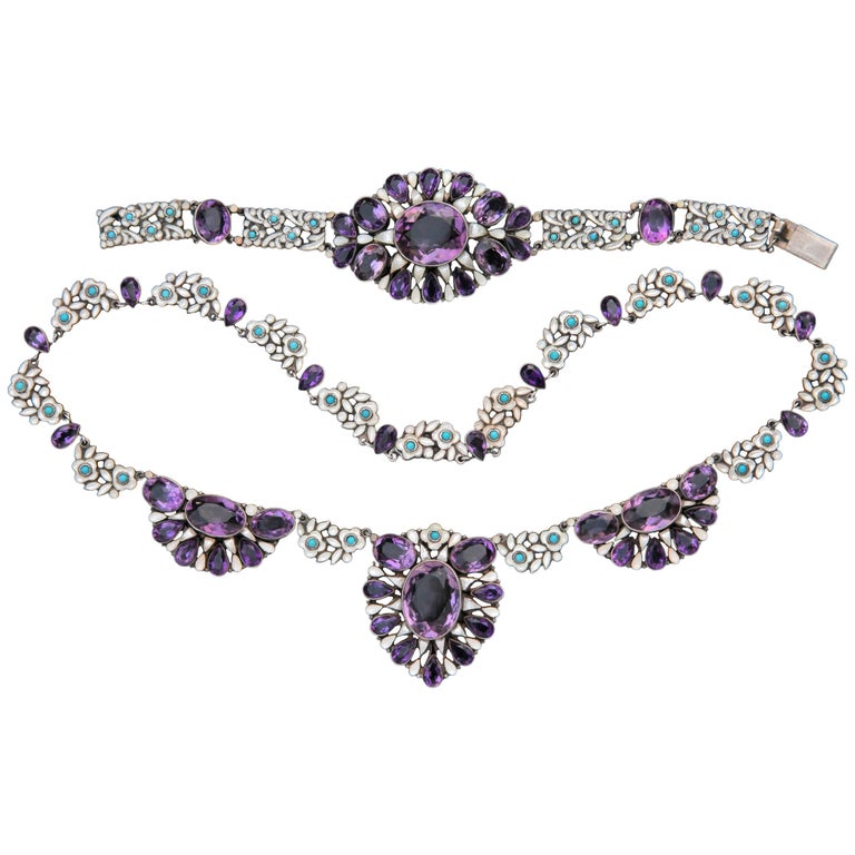 Bernard Instone Amethyst Turquoise Silver Arts and Crafts Necklace