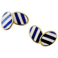Jona Sterling Silver Gold Plated Blue & White Stripe Enamel Cufflinks 1