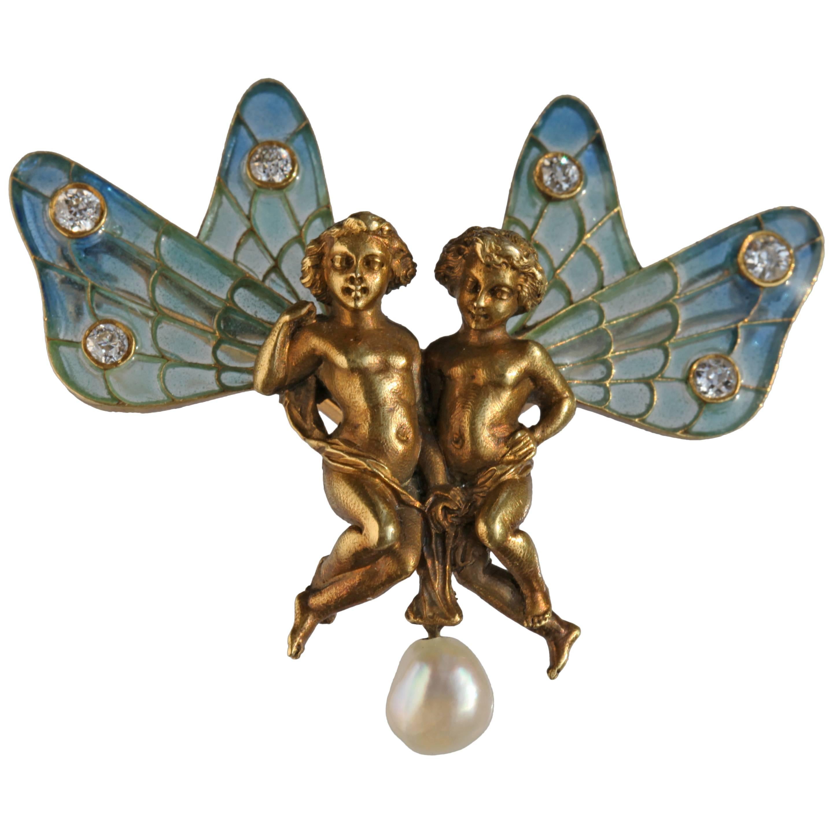 Antique Plisson & Hartz Art Nouveau Diamond Pearl Gold Brooch 'The Bond of Love' For Sale