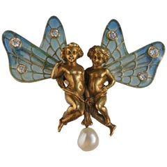 Plisson & Hartz Art Nouveau Twin Fairy Diamond Pearl Gold Brooch