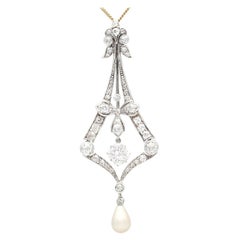 Antique Natural Saltwater Pearl and 3.99 Carat Diamond Pendant