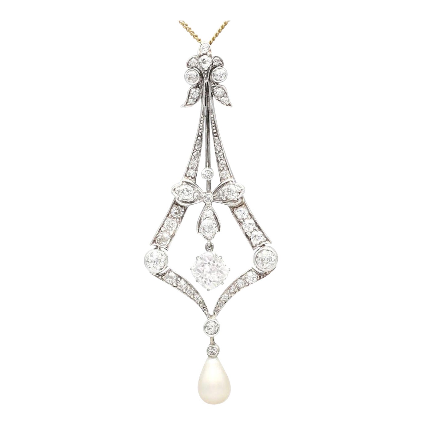 Antique Natural Saltwater Pearl and 3.99 Carat Diamond Pendant For Sale