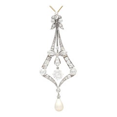 Antique Natural Saltwater Pearl and 3.99 Carat Diamond Pendant