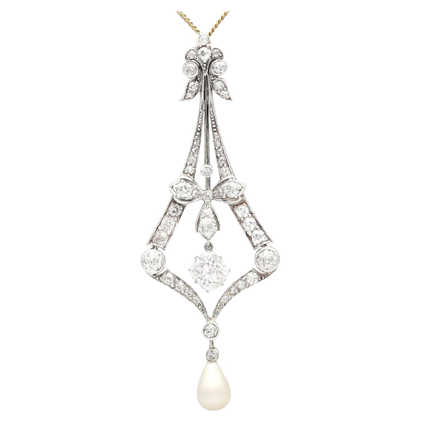 Colgante antiguo de perla natural de agua salada y diamante de 3,99 quilates