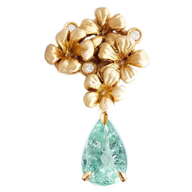 Yellow Gold Contemporary Brooch with Diamonds and Paraiba Tourmaline For Sale