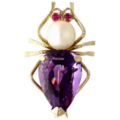 Vintage 12.39 Carat Amethyst Pearl and Ruby Yellow Gold Insect Brooch Circa 1960