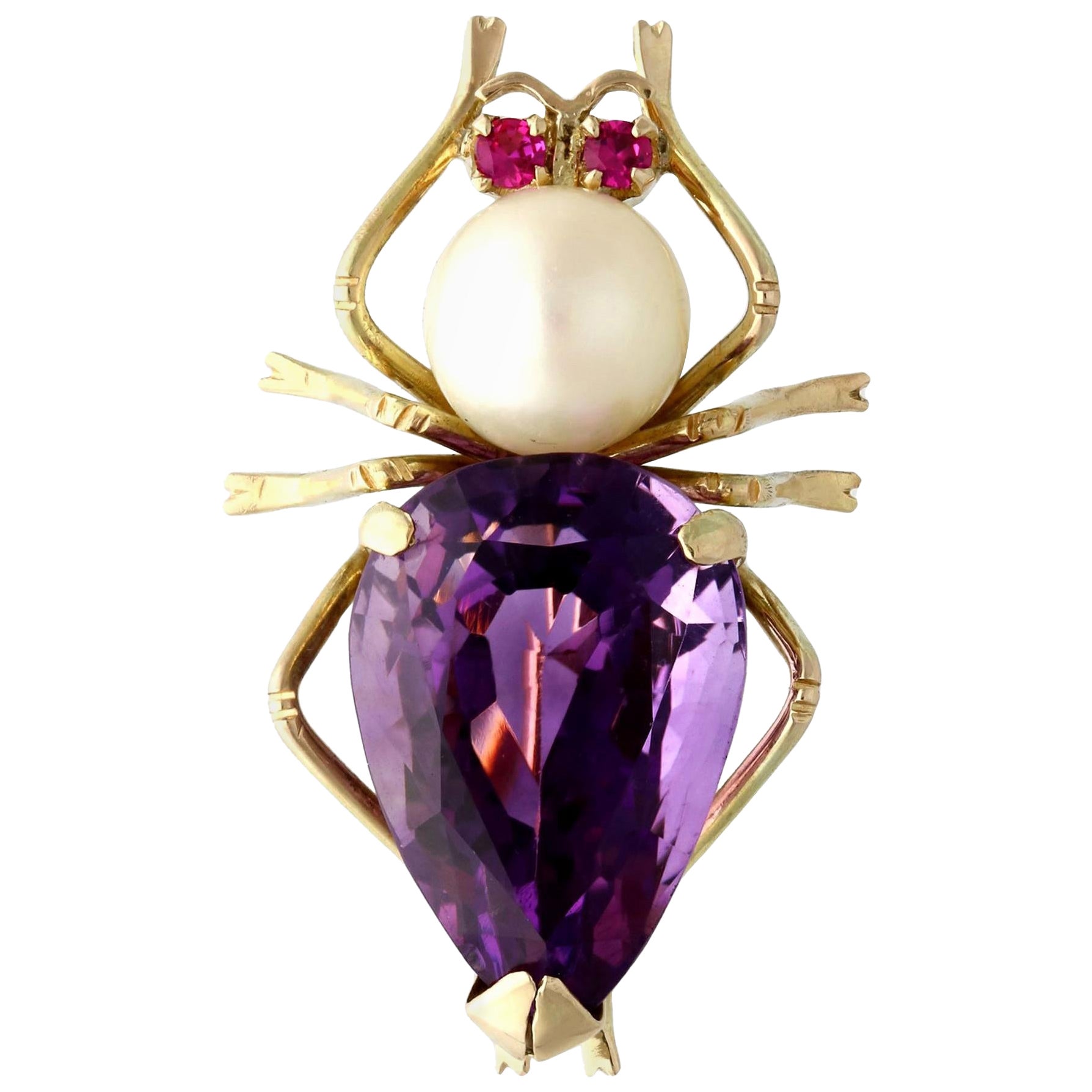 Vintage 12.39 Carat Amethyst Pearl and Ruby Yellow Gold Insect Brooch For Sale