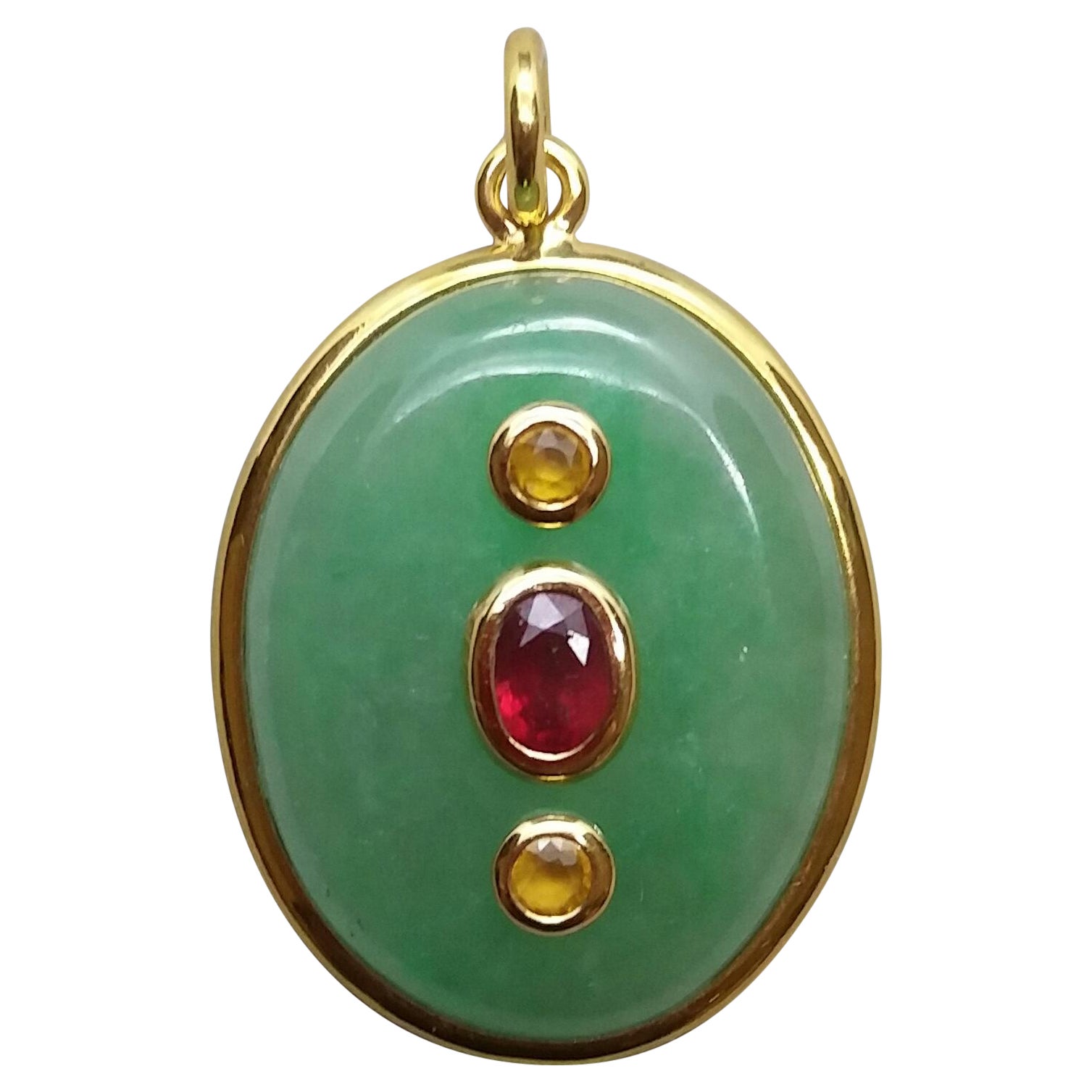 Jade Oval Cabochon Oval Faceted Ruby Yellow Sapphire 18 Kt Yellow Gold Pendant For Sale