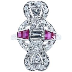Art Deco Fancy Cut Diamond and Ruby Dinner Ring