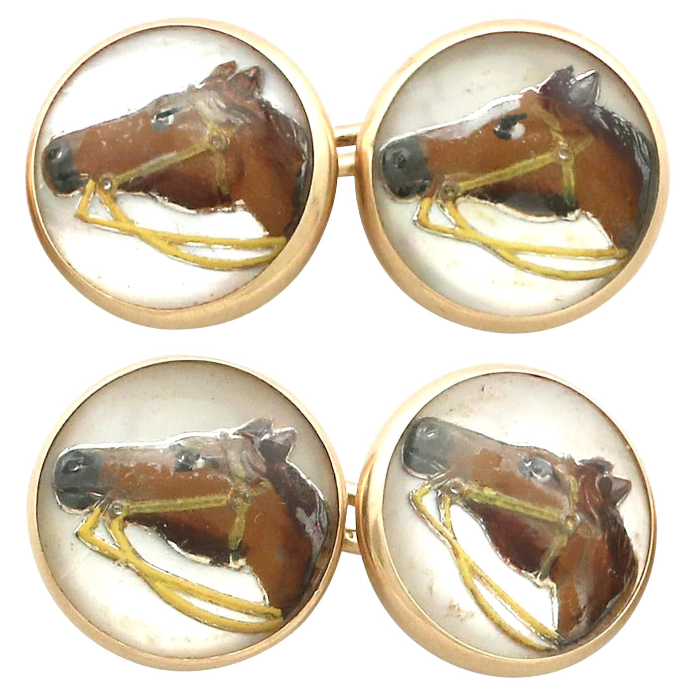 Boutons de manchette cheval de style victorien ancien en cristal d'Essex et or jaune en vente