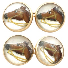 Boutons de manchette cheval de style victorien ancien en cristal d'Essex et or jaune