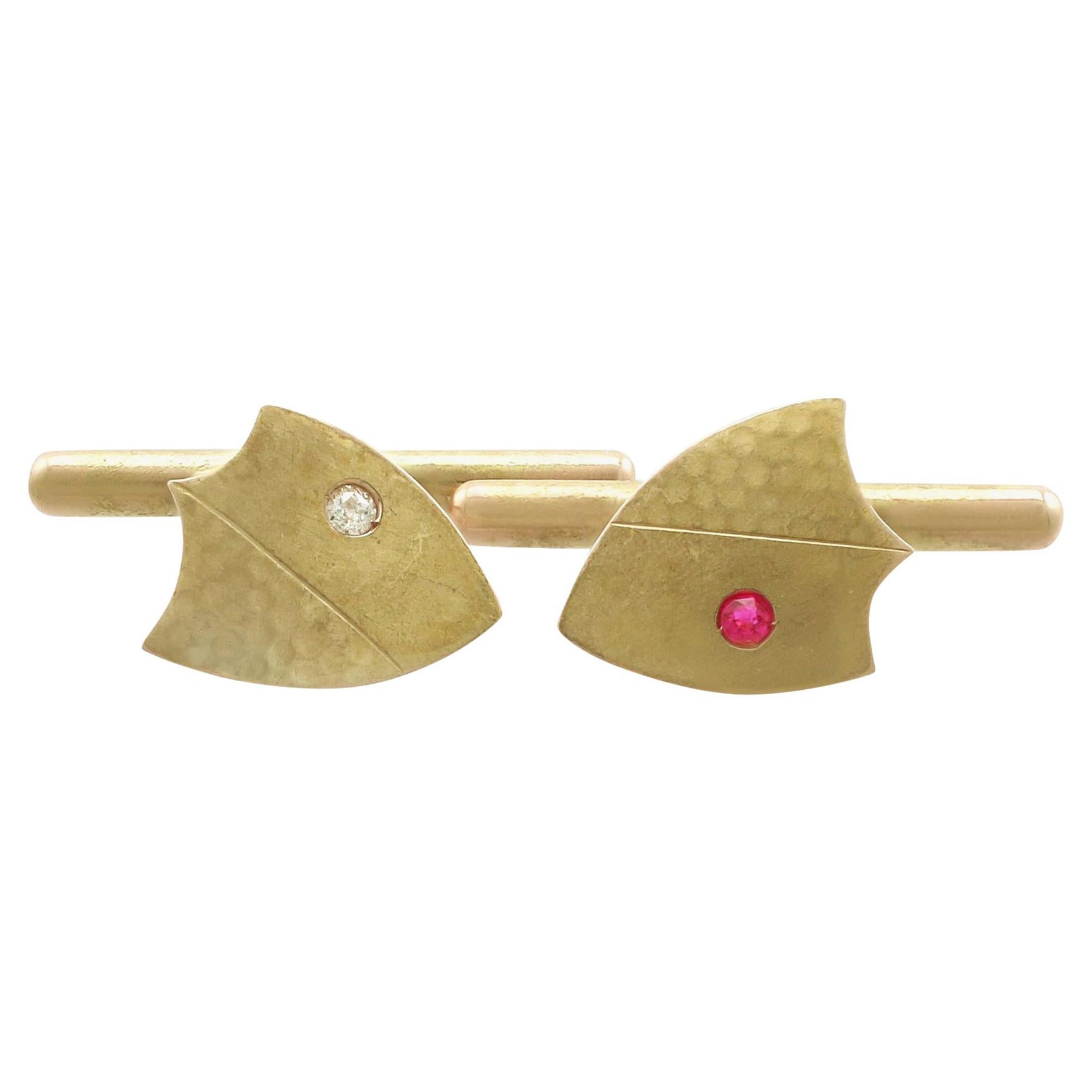 Antique Diamond and Ruby Yellow Gold Shield Cufflinks