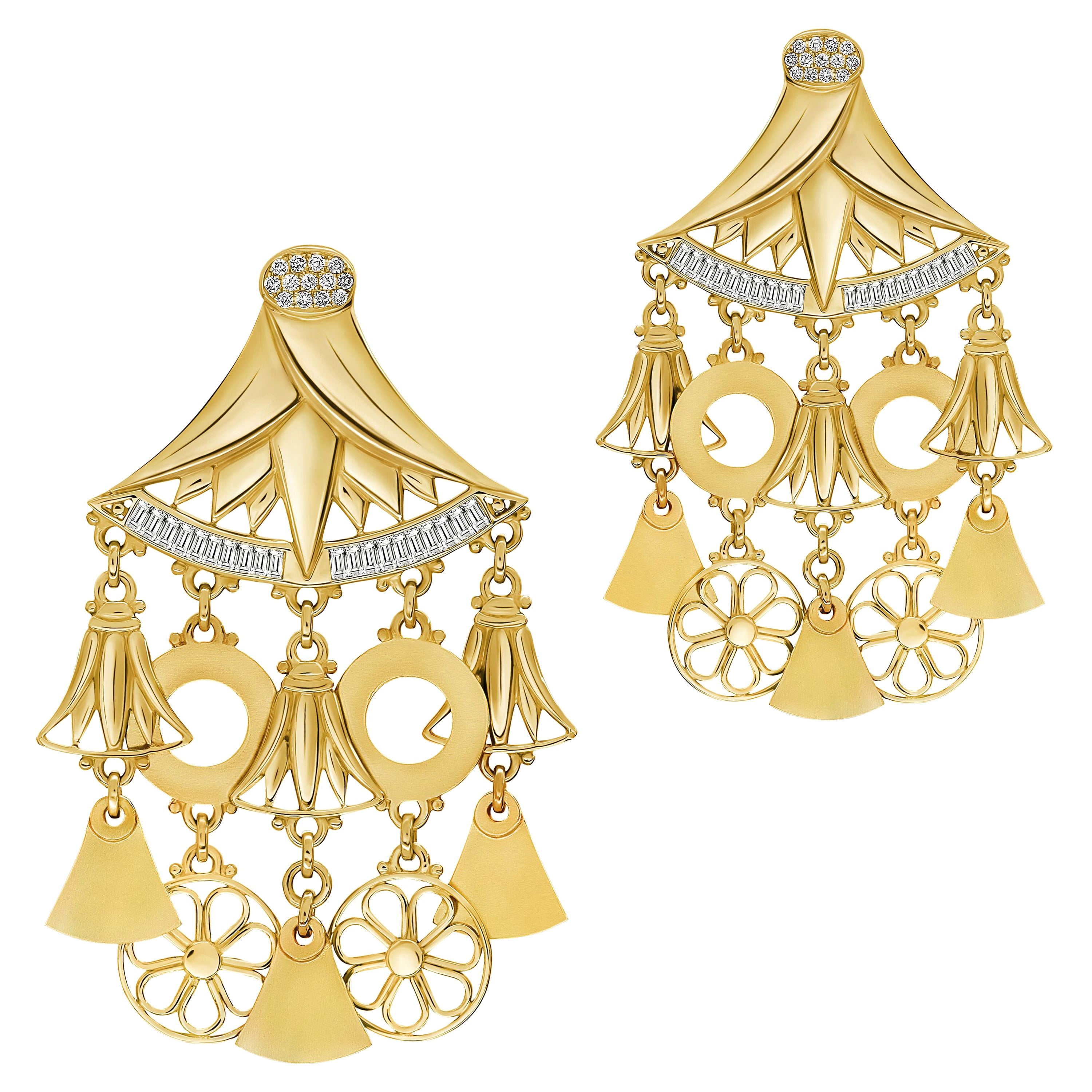 18 Karat Gold Baguette-Cut and Pavé-Set Diamond Lotus Chandelier Earrings For Sale