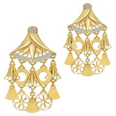 18 Karat Gold Baguette-Cut and Pavé-Set Diamond Lotus Chandelier Earrings