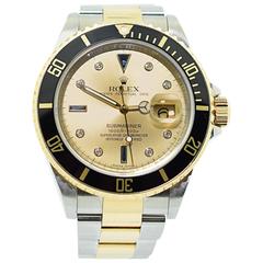 Rolex Yellow Gold Stainless Steel Diamond Submariner Wristwatch