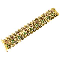 Elegant Ruby Sapphire Emerald Diamond Gold Floral Brocade Bracelet