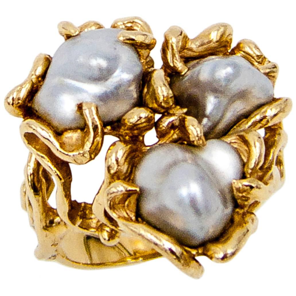 American Studio Jeweler Gold and Pearl Ring