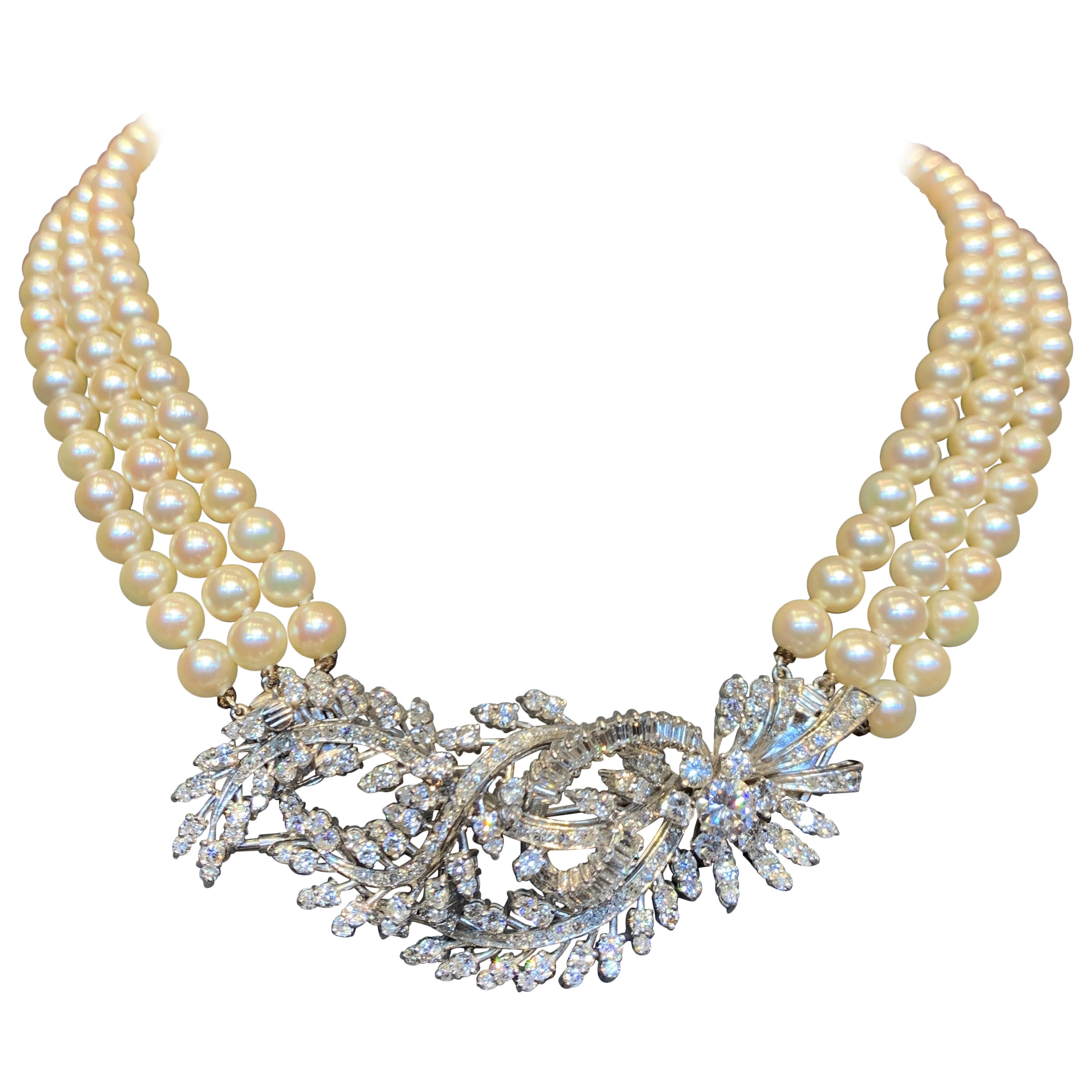 GIA Certified ThreeStrand Pearl and Diamond Necklace For Sale at 1stDibs