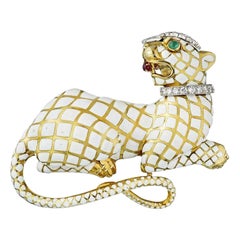 David Webb Kingdom White Enamel Panther With Diamond Collar Vintage Brooch