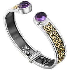 18 Karat Gold, Sterling Silver and Faceted Amethyst Calligraphy Stacking Bangle