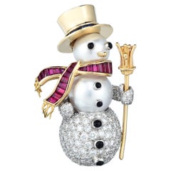 Oscar Heyman Well-Dressed Snowman Brooch with Pearls, Diamonds, and Rubies