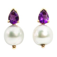 Bright Purple Pear Shape Amethyst and South Sea Pearl 9 Carat Gold Earrings