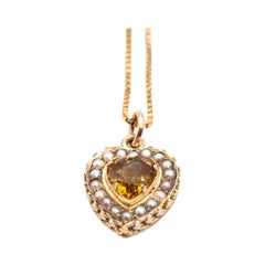 Antique 9 Carat Orange Citrine and White Pearl Heart Pendant with a 9 Carat Yellow Gold