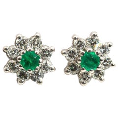 18 Carat White Gold Green Emerald and Diamond Cluster Vintage Stud Earrings