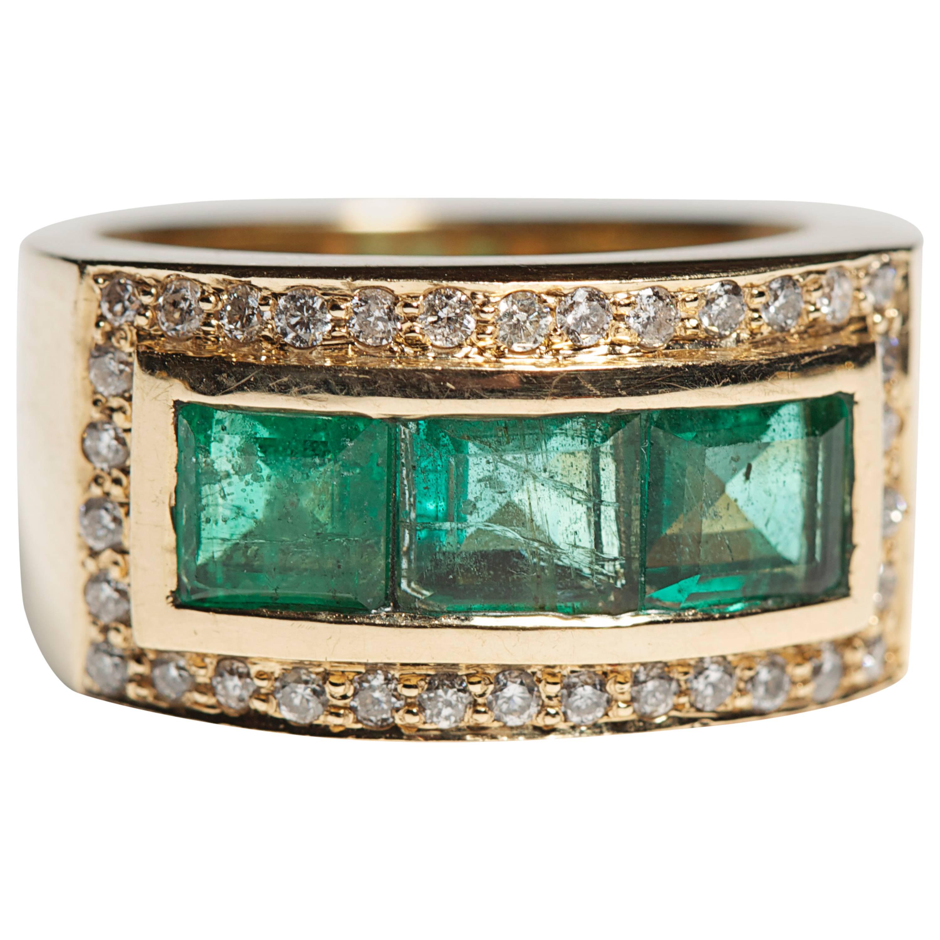 Jade Jagger Emerald and Diamond Rectangle Side Ring For Sale