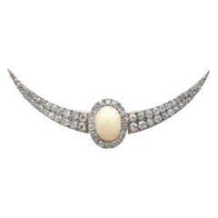 Victorian 4.75Ct Cabochon Cut Opal and 4.45Ct Diamond Gold Crescent Brooch