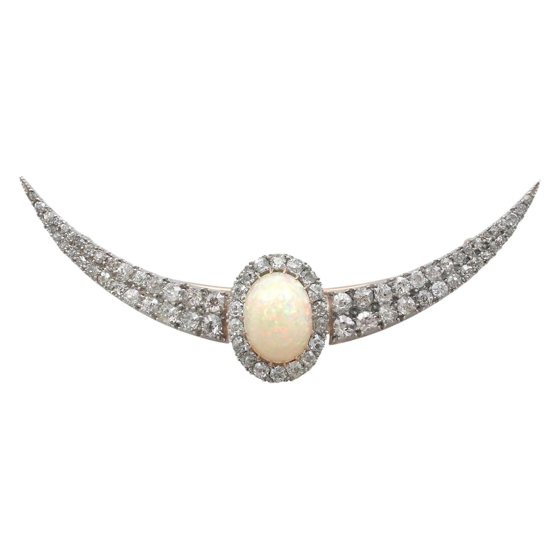 Victorian 4.75Ct Cabochon Cut Opal and 4.45Ct Diamond Gold Crescent Brooch